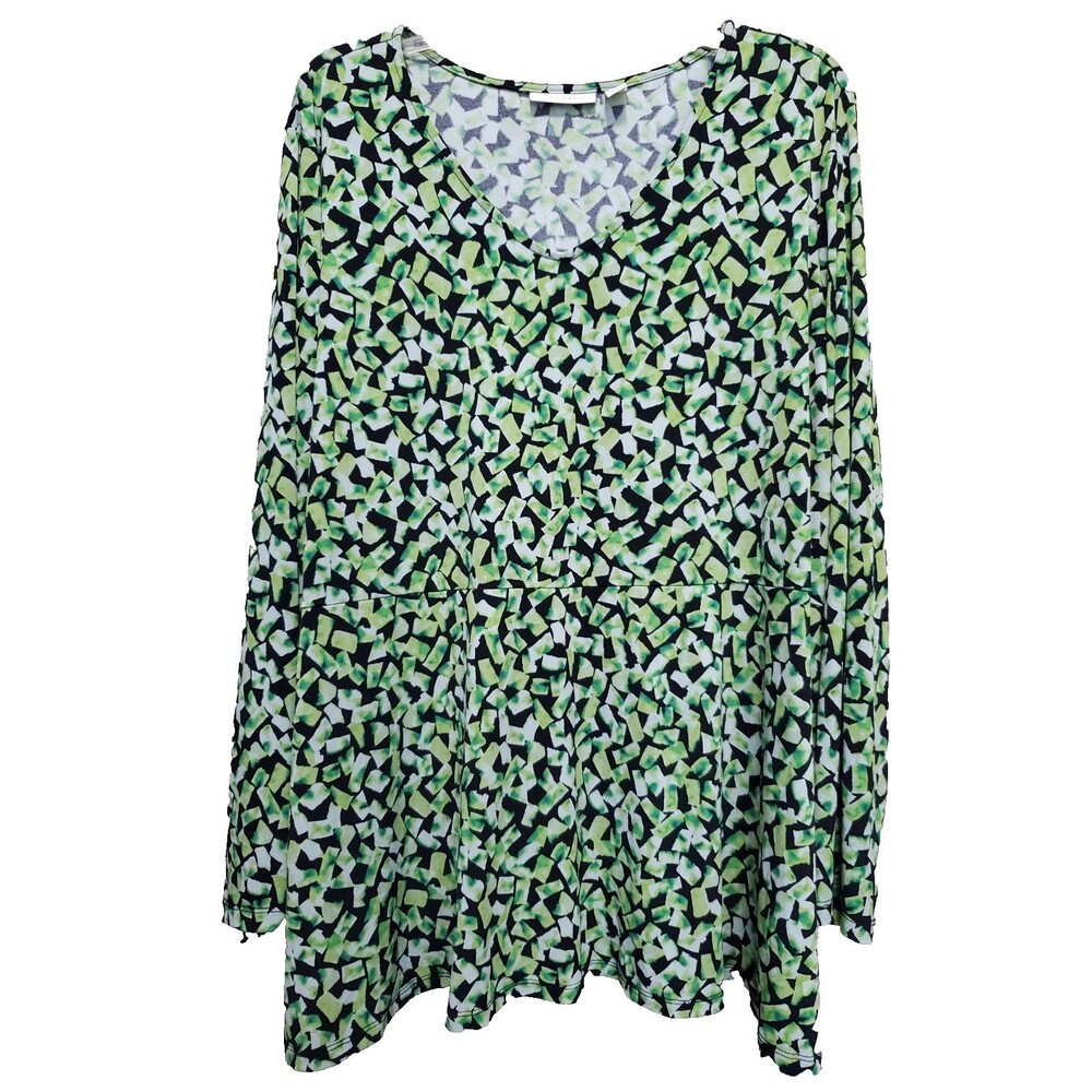 Susan Graver Green Geo Print Peplum V-Neck Long Sleeve Tunic Size 2X Lagenlook